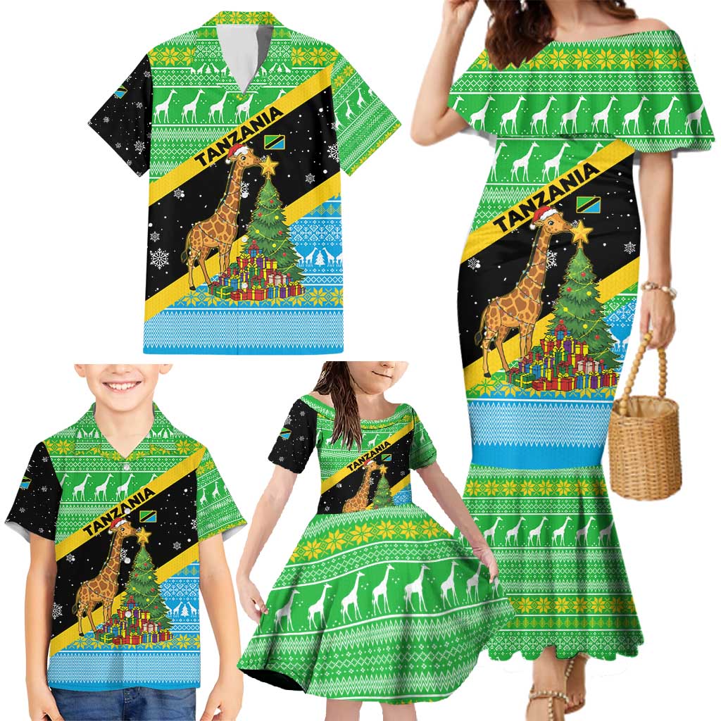 Tanzania Christmas Family Matching Mermaid Dress and Hawaiian Shirt with Giraffe Christmas Tree Snowflakes and Flag - Wonder Print Shop