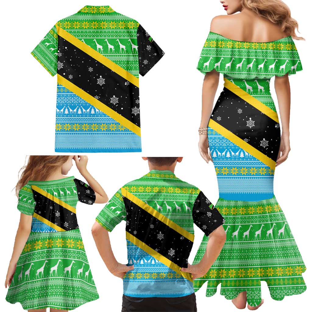 Tanzania Christmas Family Matching Mermaid Dress and Hawaiian Shirt with Giraffe Christmas Tree Snowflakes and Flag - Wonder Print Shop