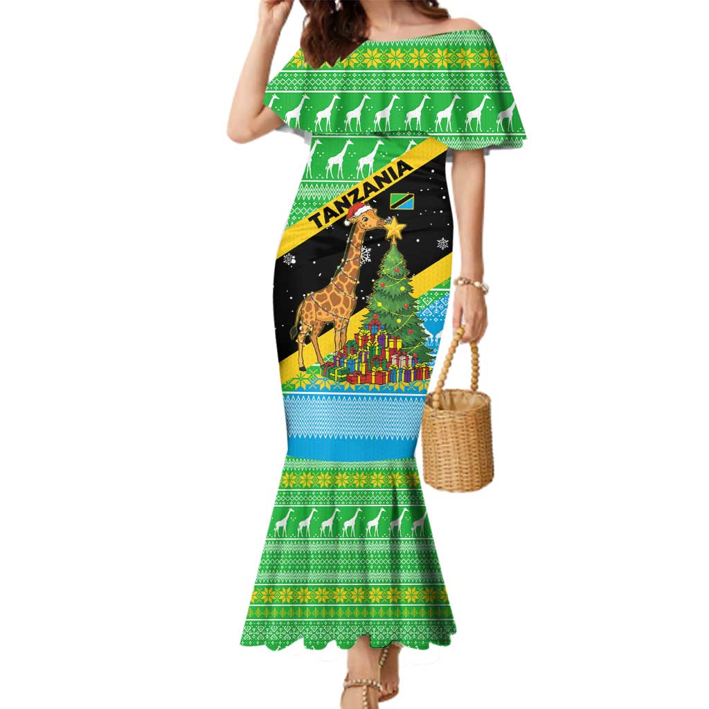 Tanzania Christmas Family Matching Mermaid Dress and Hawaiian Shirt with Giraffe Christmas Tree Snowflakes and Flag - Wonder Print Shop
