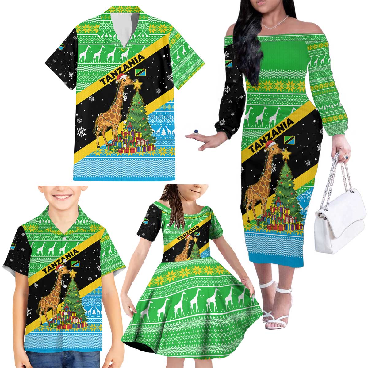Tanzania Christmas Family Matching Off The Shoulder Long Sleeve Dress and Hawaiian Shirt with Giraffe Christmas Tree Snowflakes and Flag - Wonder Print Shop