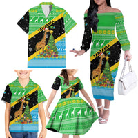Tanzania Christmas Family Matching Off The Shoulder Long Sleeve Dress and Hawaiian Shirt with Giraffe Christmas Tree Snowflakes and Flag - Wonder Print Shop
