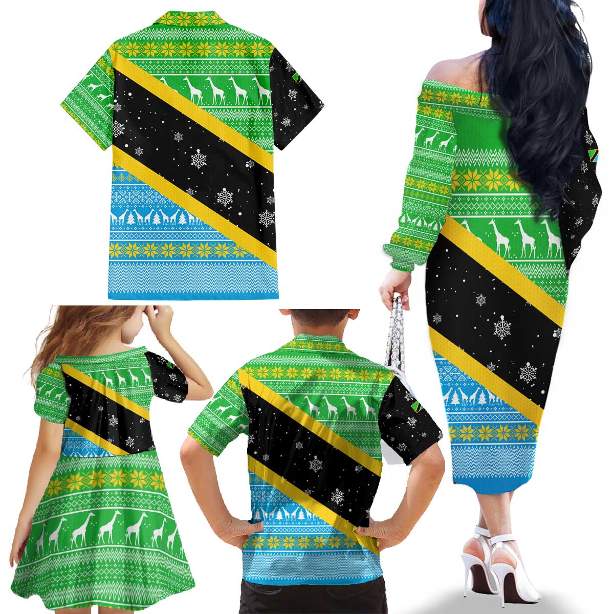 Tanzania Christmas Family Matching Off The Shoulder Long Sleeve Dress and Hawaiian Shirt with Giraffe Christmas Tree Snowflakes and Flag - Wonder Print Shop