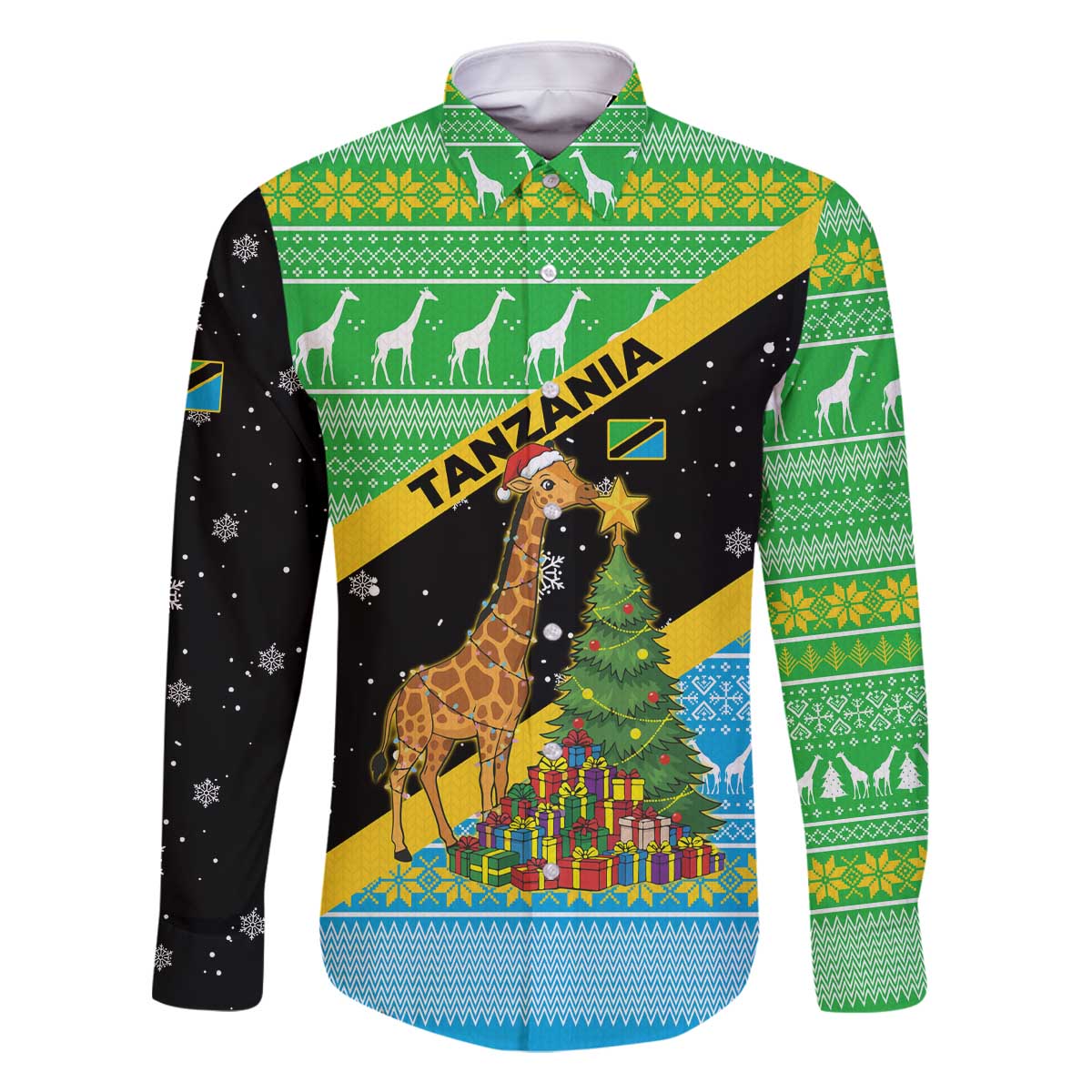 Tanzania Christmas Family Matching Off The Shoulder Long Sleeve Dress and Hawaiian Shirt with Giraffe Christmas Tree Snowflakes and Flag - Wonder Print Shop