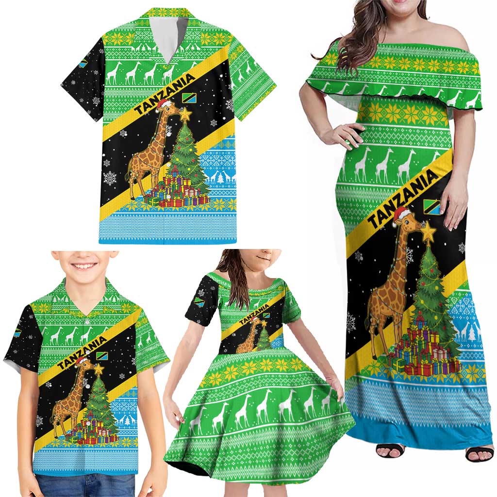 Tanzania Christmas Family Matching Off Shoulder Maxi Dress and Hawaiian Shirt with Giraffe Christmas Tree Snowflakes and Flag - Wonder Print Shop
