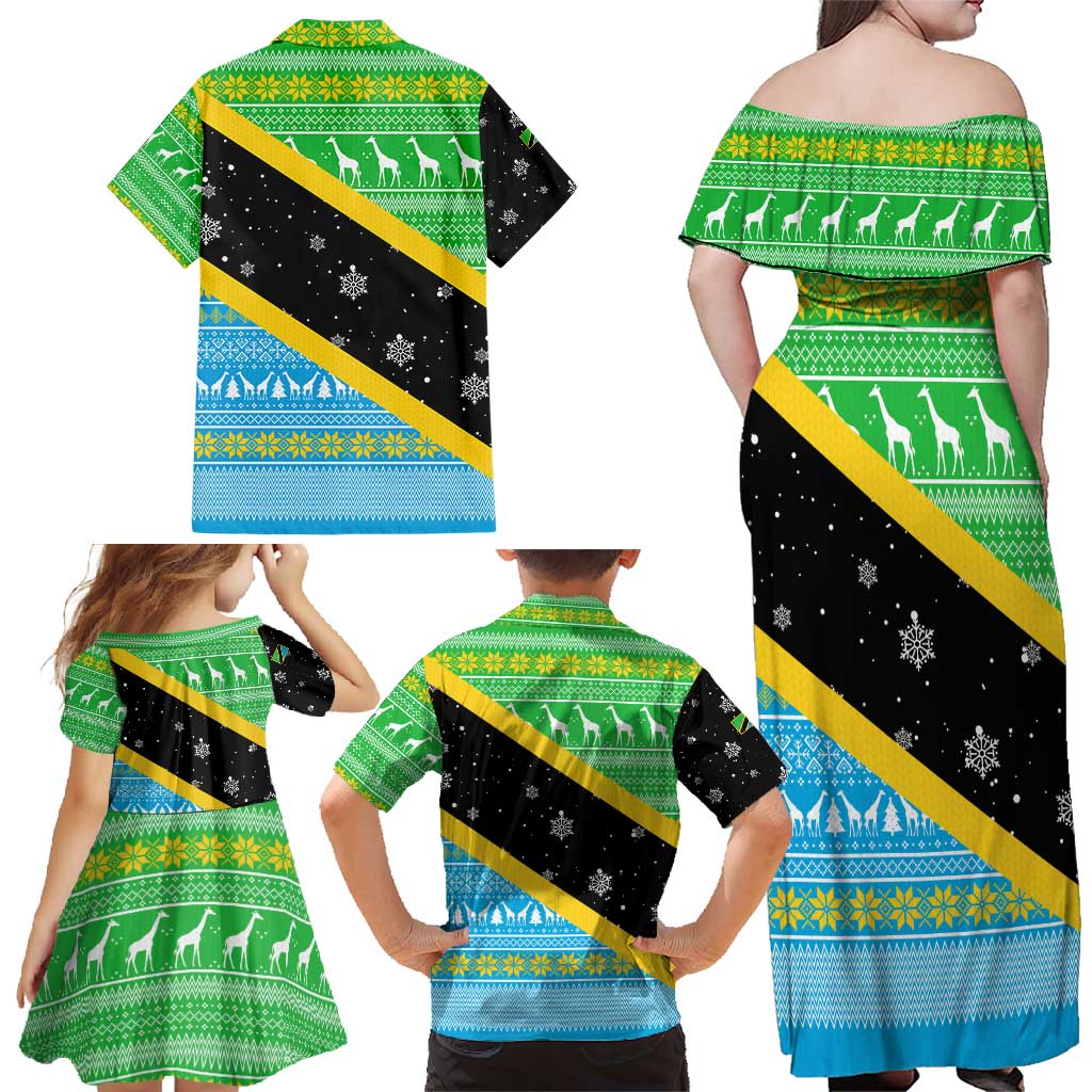 Tanzania Christmas Family Matching Off Shoulder Maxi Dress and Hawaiian Shirt with Giraffe Christmas Tree Snowflakes and Flag - Wonder Print Shop