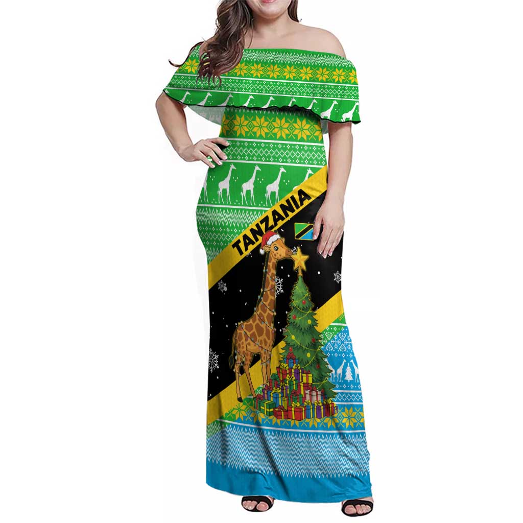 Tanzania Christmas Family Matching Off Shoulder Maxi Dress and Hawaiian Shirt with Giraffe Christmas Tree Snowflakes and Flag - Wonder Print Shop