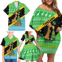 Tanzania Christmas Family Matching Off Shoulder Short Dress and Hawaiian Shirt with Giraffe Christmas Tree Snowflakes and Flag - Wonder Print Shop