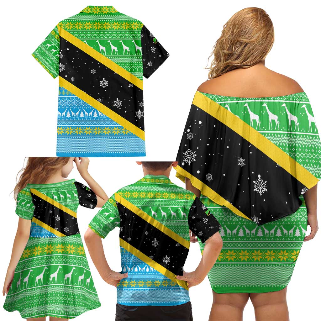 Tanzania Christmas Family Matching Off Shoulder Short Dress and Hawaiian Shirt with Giraffe Christmas Tree Snowflakes and Flag - Wonder Print Shop
