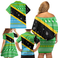 Tanzania Christmas Family Matching Off Shoulder Short Dress and Hawaiian Shirt with Giraffe Christmas Tree Snowflakes and Flag - Wonder Print Shop