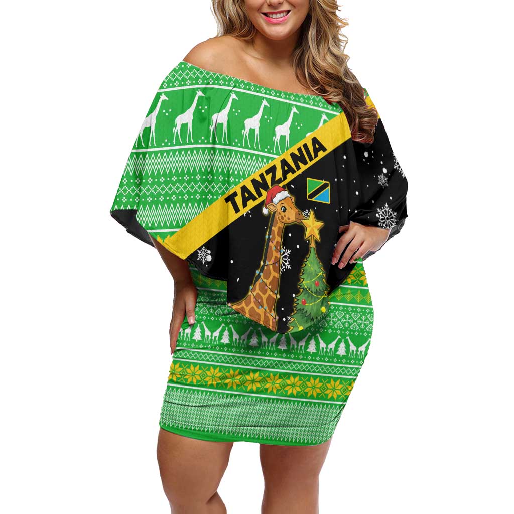 Tanzania Christmas Family Matching Off Shoulder Short Dress and Hawaiian Shirt with Giraffe Christmas Tree Snowflakes and Flag - Wonder Print Shop