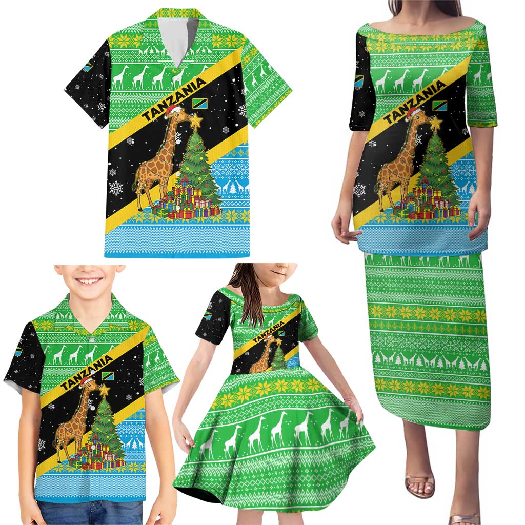 Tanzania Christmas Family Matching Puletasi and Hawaiian Shirt with Giraffe Christmas Tree Snowflakes and Flag - Wonder Print Shop
