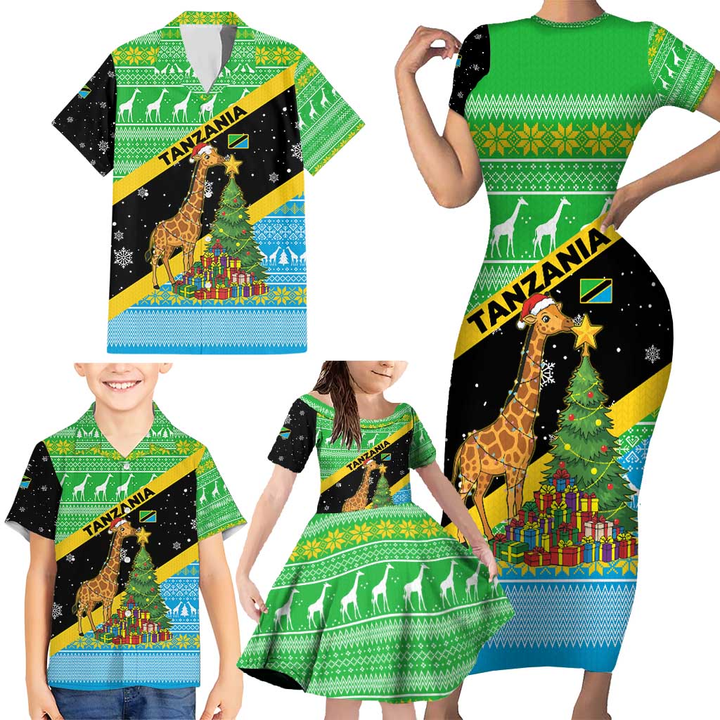 Tanzania Christmas Family Matching Short Sleeve Bodycon Dress and Hawaiian Shirt with Giraffe Christmas Tree Snowflakes and Flag - Wonder Print Shop
