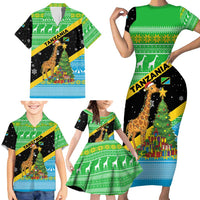 Tanzania Christmas Family Matching Short Sleeve Bodycon Dress and Hawaiian Shirt with Giraffe Christmas Tree Snowflakes and Flag - Wonder Print Shop