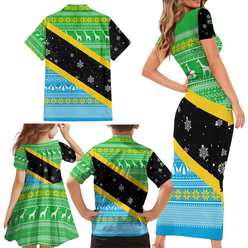 Tanzania Christmas Family Matching Short Sleeve Bodycon Dress and Hawaiian Shirt with Giraffe Christmas Tree Snowflakes and Flag - Wonder Print Shop