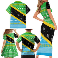 Tanzania Christmas Family Matching Short Sleeve Bodycon Dress and Hawaiian Shirt with Giraffe Christmas Tree Snowflakes and Flag - Wonder Print Shop
