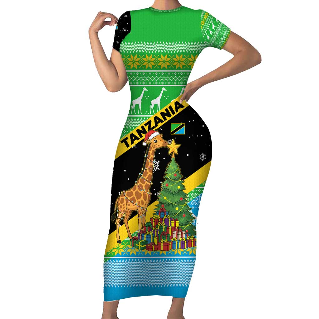 Tanzania Christmas Family Matching Short Sleeve Bodycon Dress and Hawaiian Shirt with Giraffe Christmas Tree Snowflakes and Flag - Wonder Print Shop