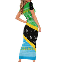 Tanzania Christmas Family Matching Short Sleeve Bodycon Dress and Hawaiian Shirt with Giraffe Christmas Tree Snowflakes and Flag - Wonder Print Shop