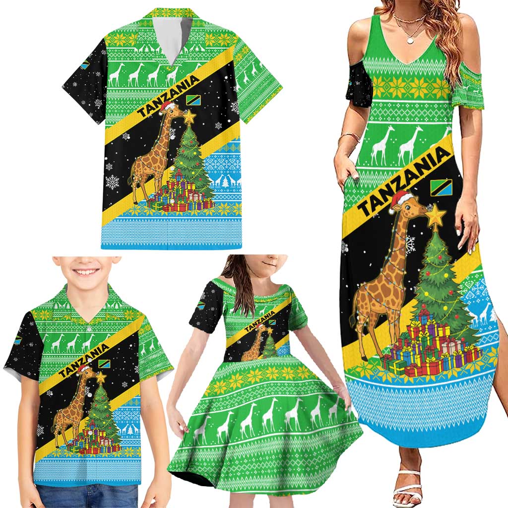 Tanzania Christmas Family Matching Summer Maxi Dress and Hawaiian Shirt with Giraffe Christmas Tree Snowflakes and Flag - Wonder Print Shop