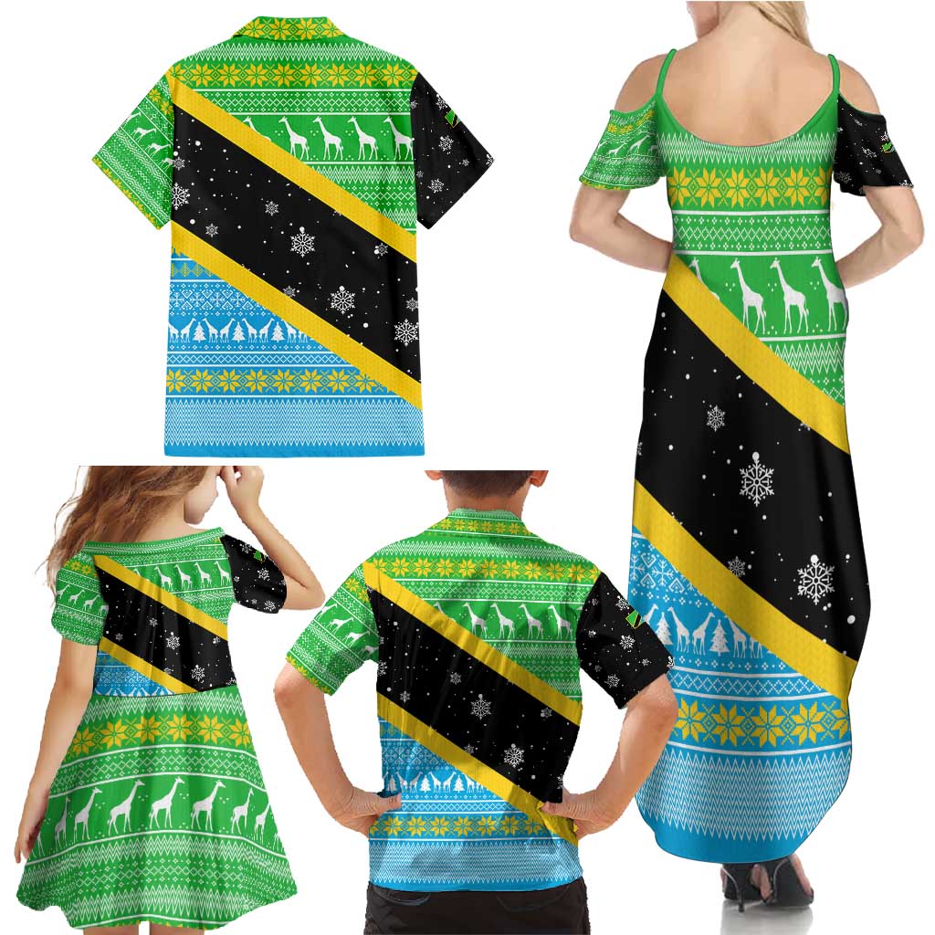 Tanzania Christmas Family Matching Summer Maxi Dress and Hawaiian Shirt with Giraffe Christmas Tree Snowflakes and Flag - Wonder Print Shop