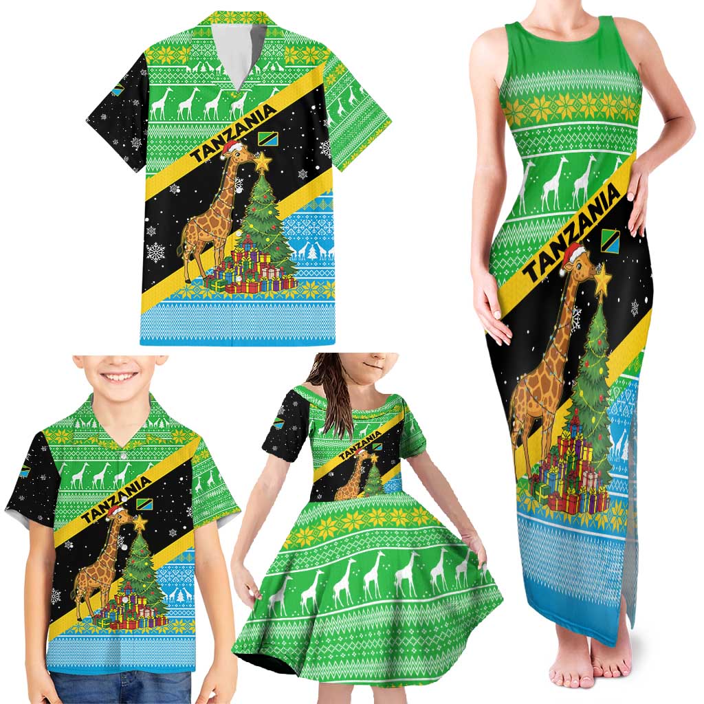 Tanzania Christmas Family Matching Tank Maxi Dress and Hawaiian Shirt with Giraffe Christmas Tree Snowflakes and Flag - Wonder Print Shop
