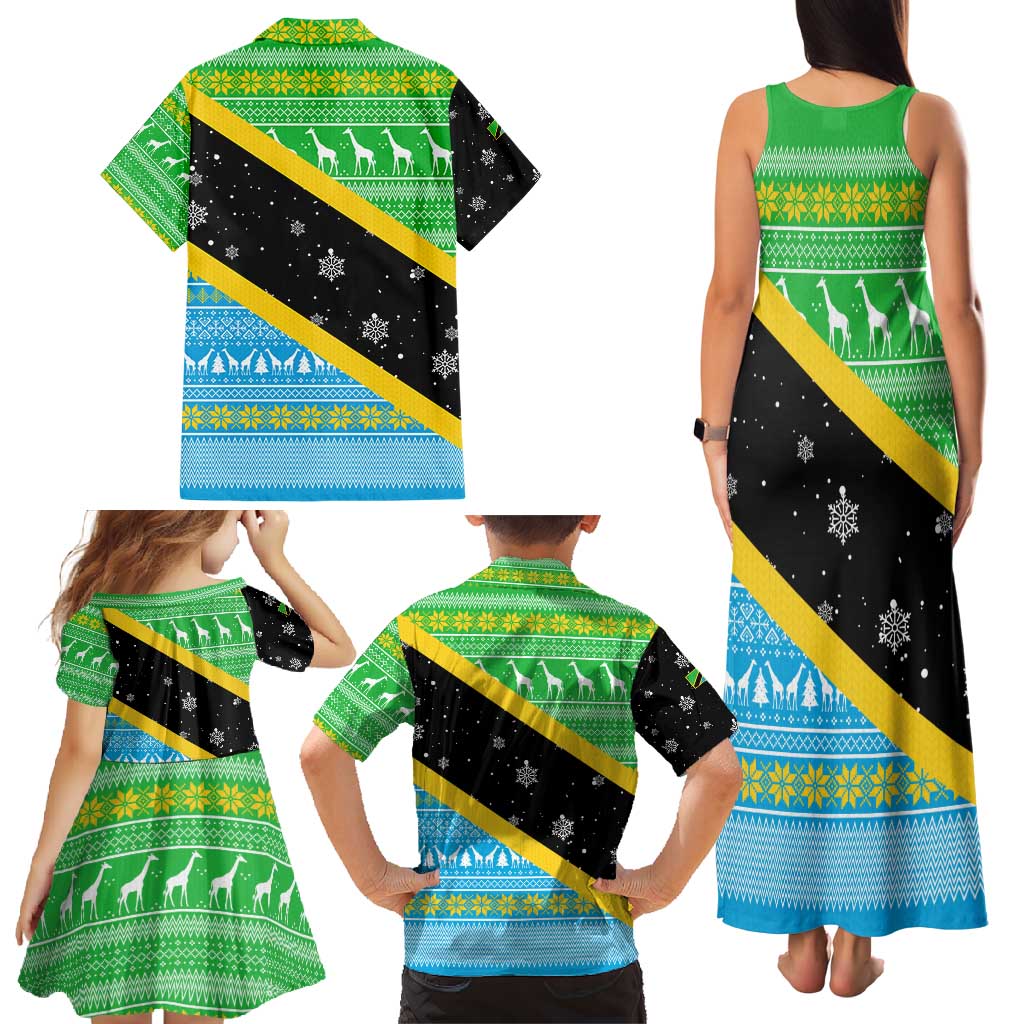Tanzania Christmas Family Matching Tank Maxi Dress and Hawaiian Shirt with Giraffe Christmas Tree Snowflakes and Flag - Wonder Print Shop