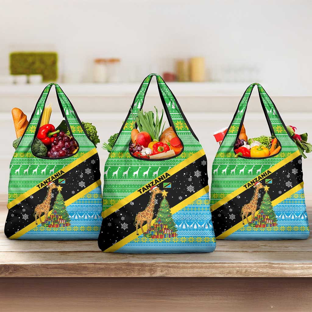 Tanzania Christmas Grocery Bag with Giraffe Christmas Tree Snowflakes and Flag - Wonder Print Shop