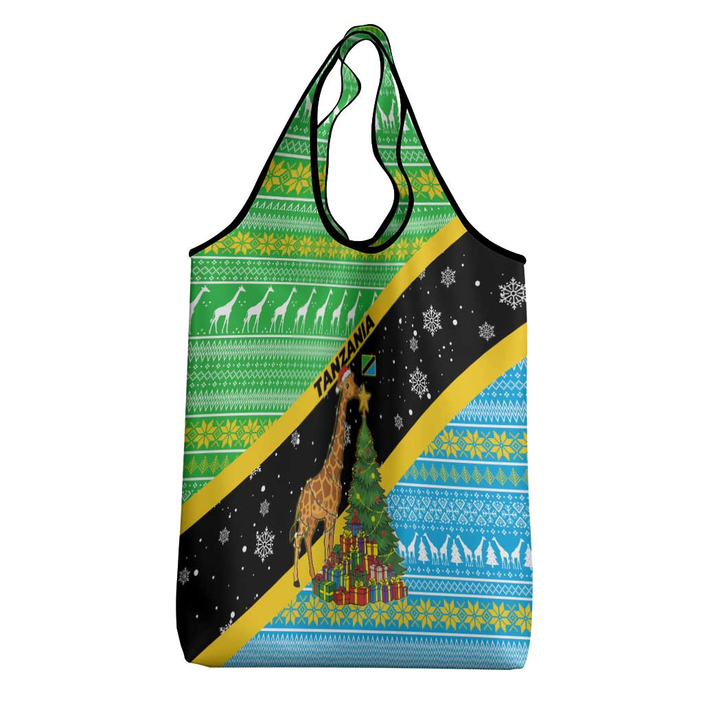 Tanzania Christmas Grocery Bag with Giraffe Christmas Tree Snowflakes and Flag - Wonder Print Shop