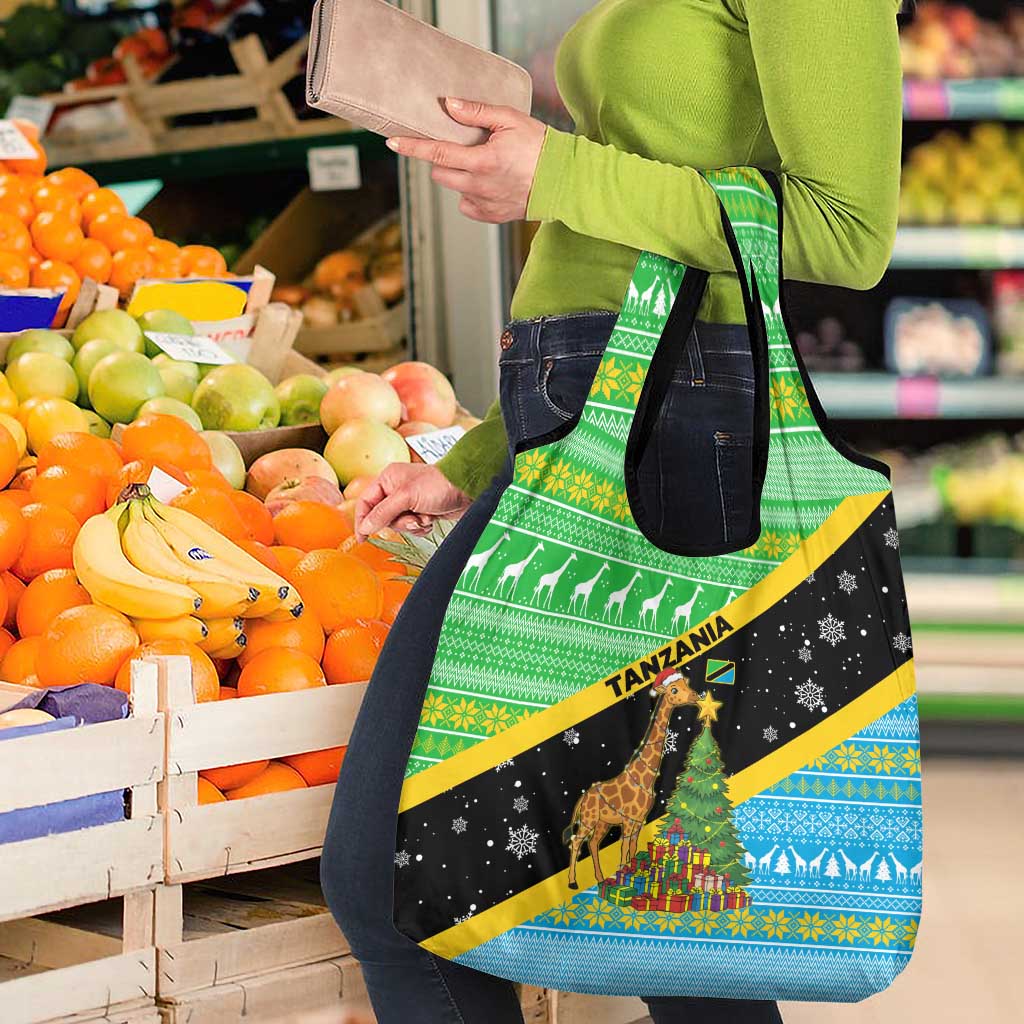 Tanzania Christmas Grocery Bag with Giraffe Christmas Tree Snowflakes and Flag - Wonder Print Shop