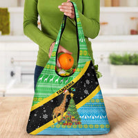 Tanzania Christmas Grocery Bag with Giraffe Christmas Tree Snowflakes and Flag - Wonder Print Shop