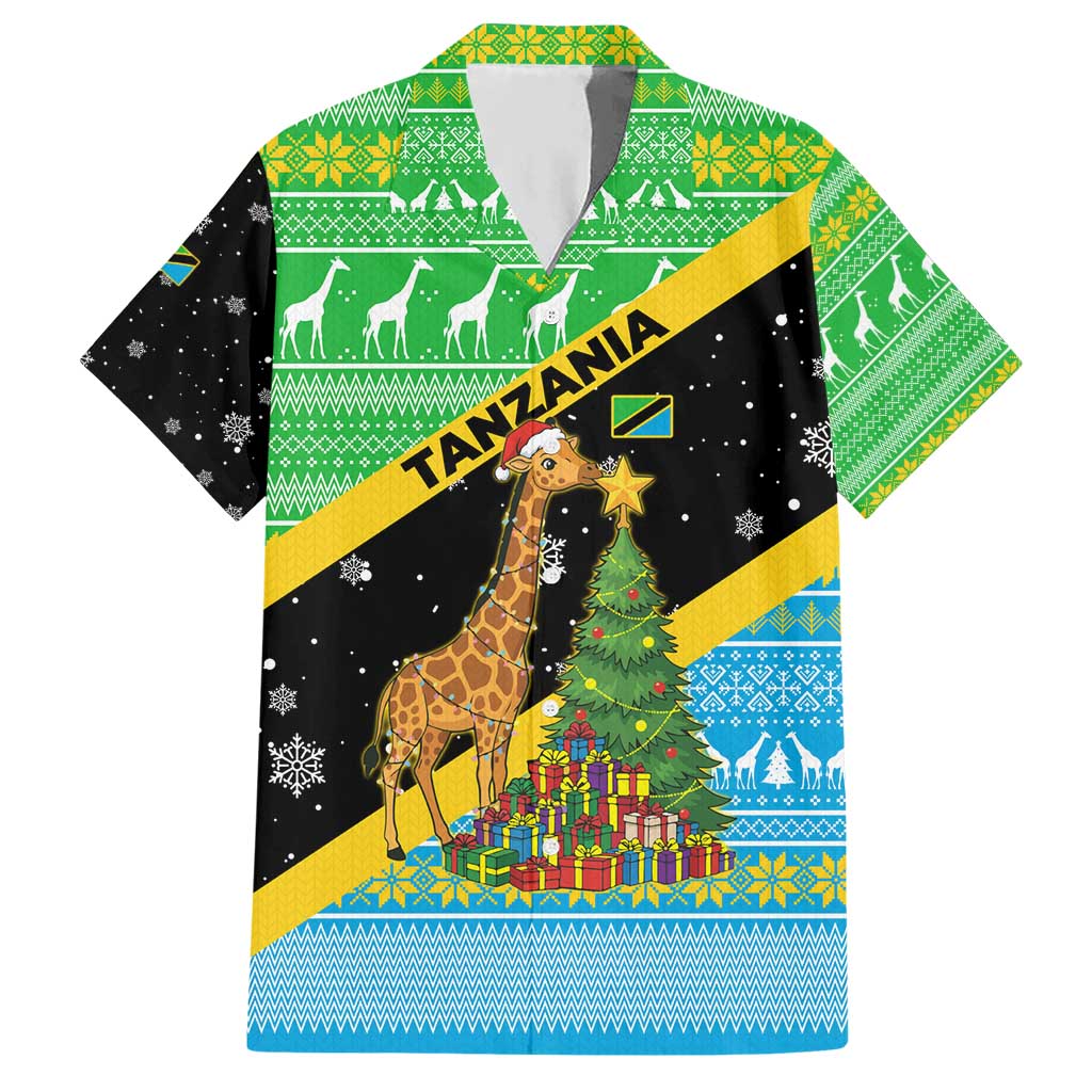 Tanzania Christmas Hawaiian Shirt with Giraffe Christmas Tree Snowflakes and Flag - Wonder Print Shop