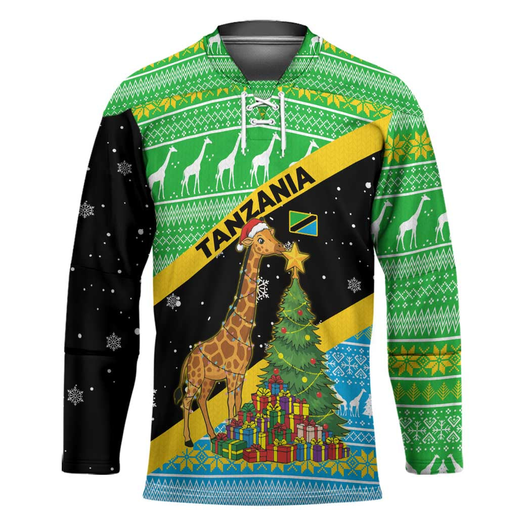 Tanzania Christmas Hockey Jersey with Giraffe Christmas Tree Snowflakes and Flag - Wonder Print Shop