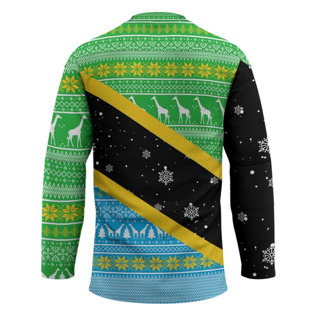 Tanzania Christmas Hockey Jersey with Giraffe Christmas Tree Snowflakes and Flag - Wonder Print Shop