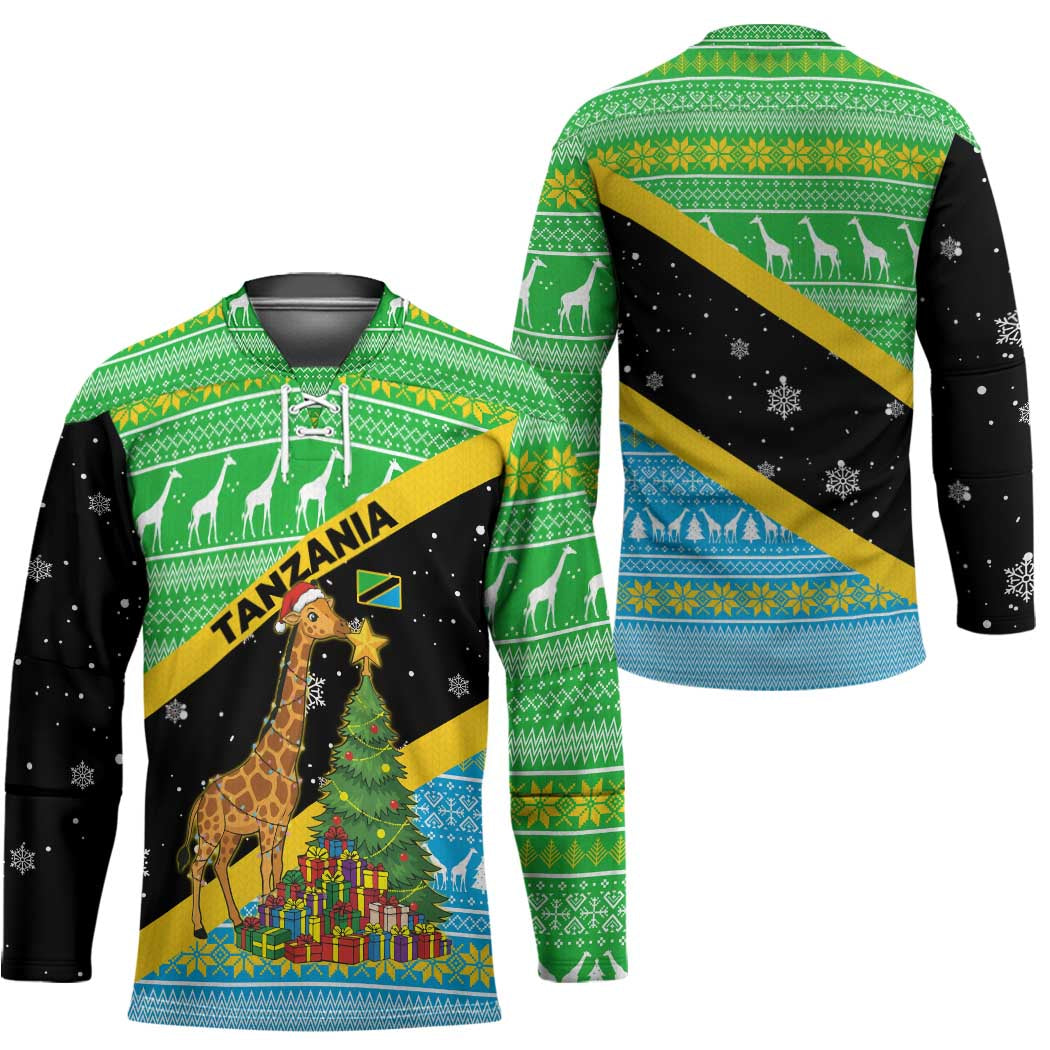 Tanzania Christmas Hockey Jersey with Giraffe Christmas Tree Snowflakes and Flag - Wonder Print Shop