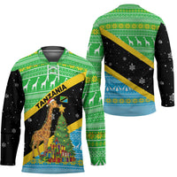 Tanzania Christmas Hockey Jersey with Giraffe Christmas Tree Snowflakes and Flag - Wonder Print Shop