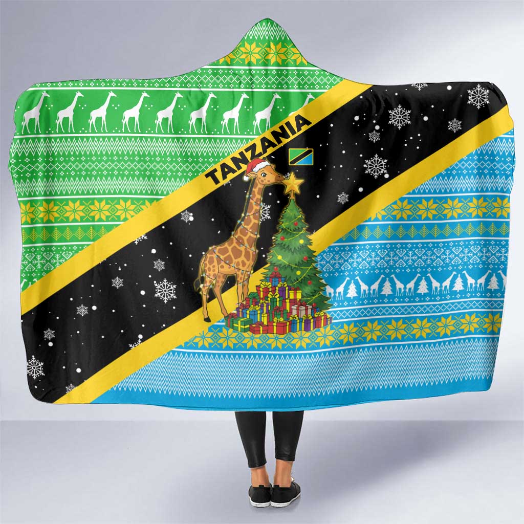 Tanzania Christmas Hooded Blanket with Giraffe Christmas Tree Snowflakes and Flag - Wonder Print Shop