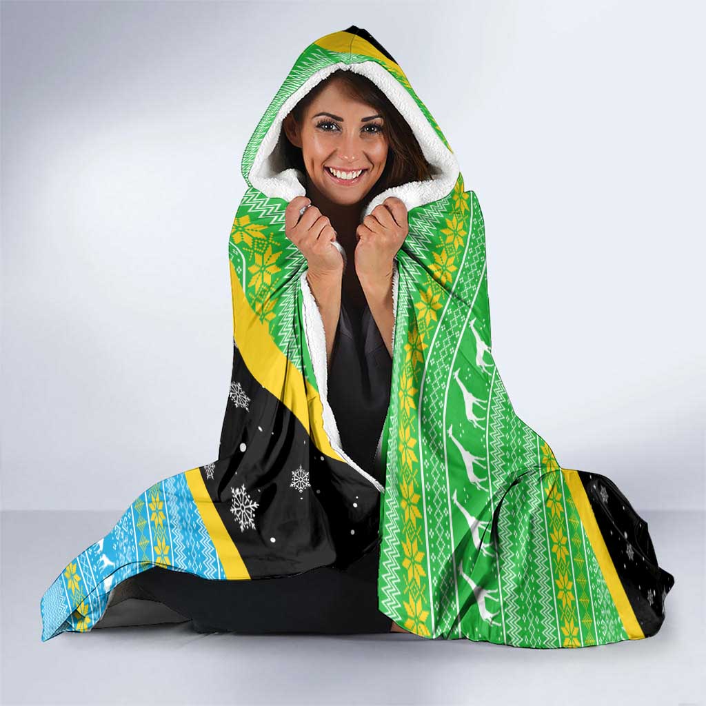 Tanzania Christmas Hooded Blanket with Giraffe Christmas Tree Snowflakes and Flag - Wonder Print Shop