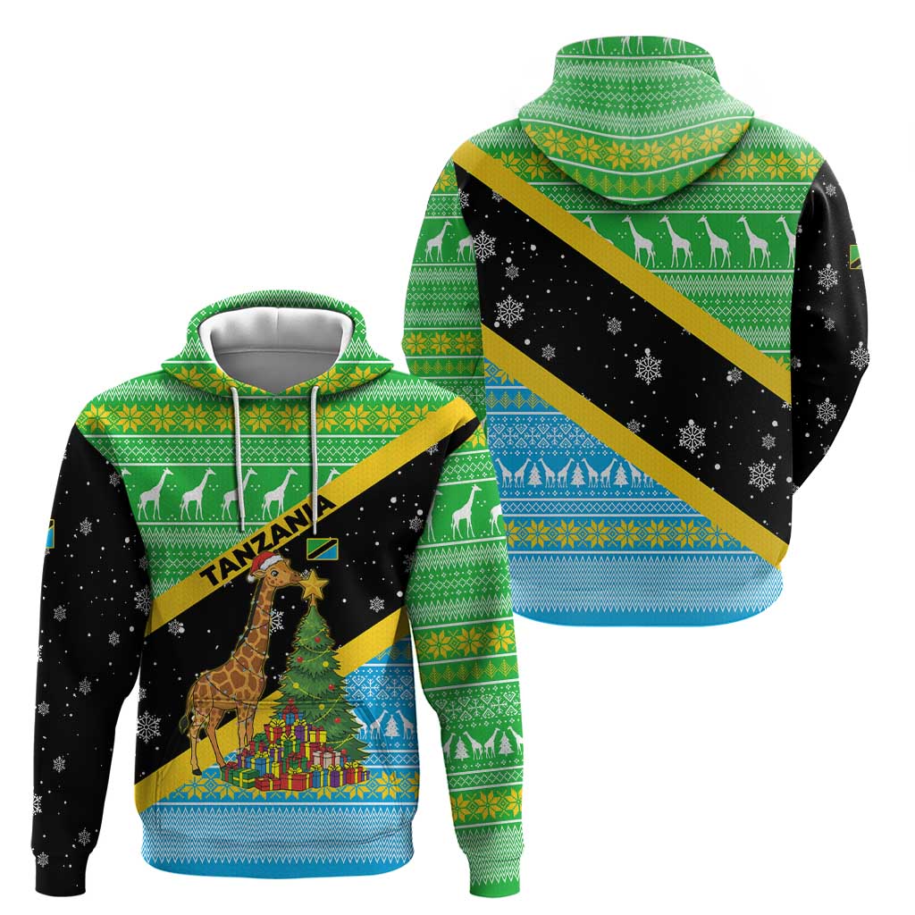 Tanzania Christmas Hoodie with Giraffe Christmas Tree Snowflakes and Flag - Wonder Print Shop