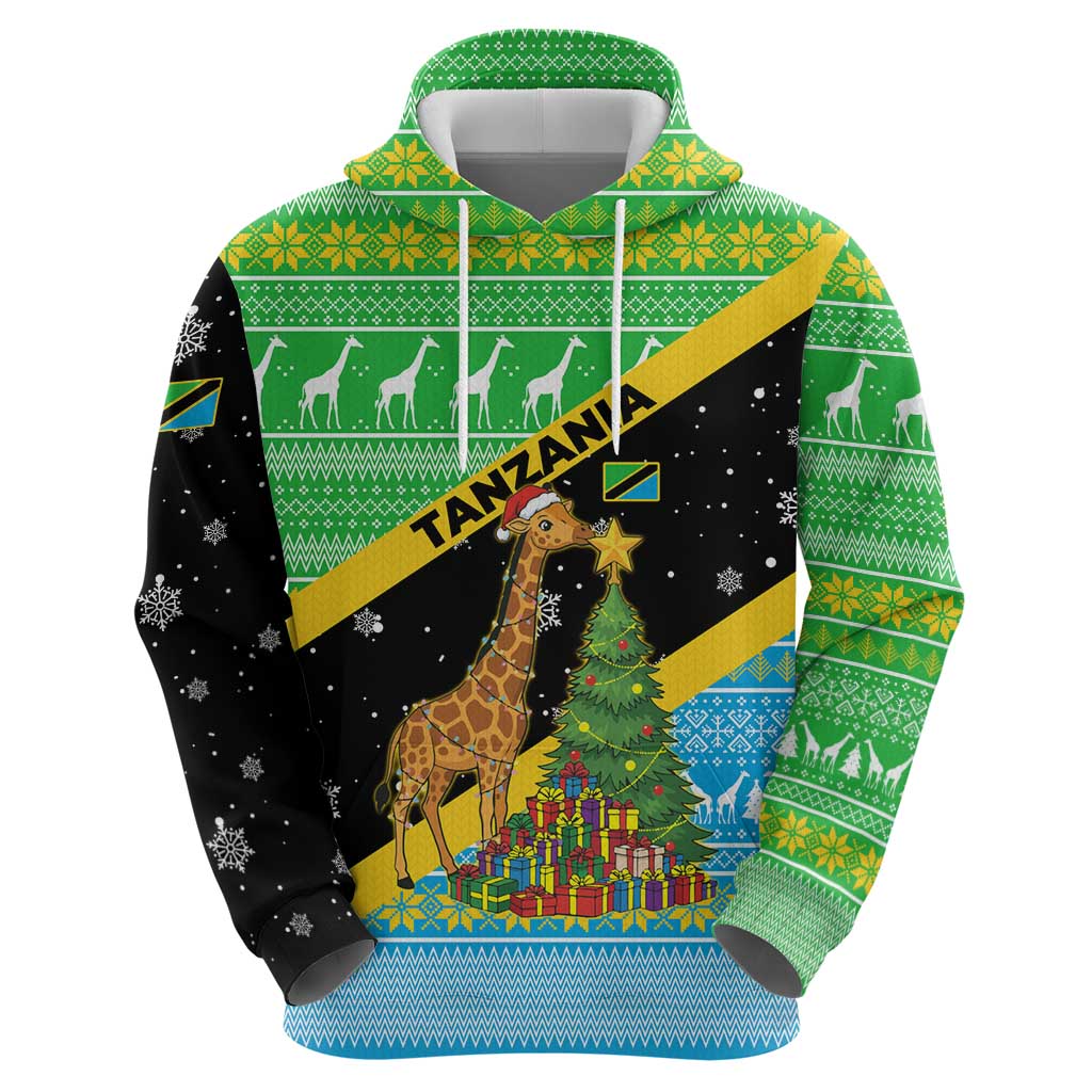 Tanzania Christmas Hoodie with Giraffe Christmas Tree Snowflakes and Flag - Wonder Print Shop