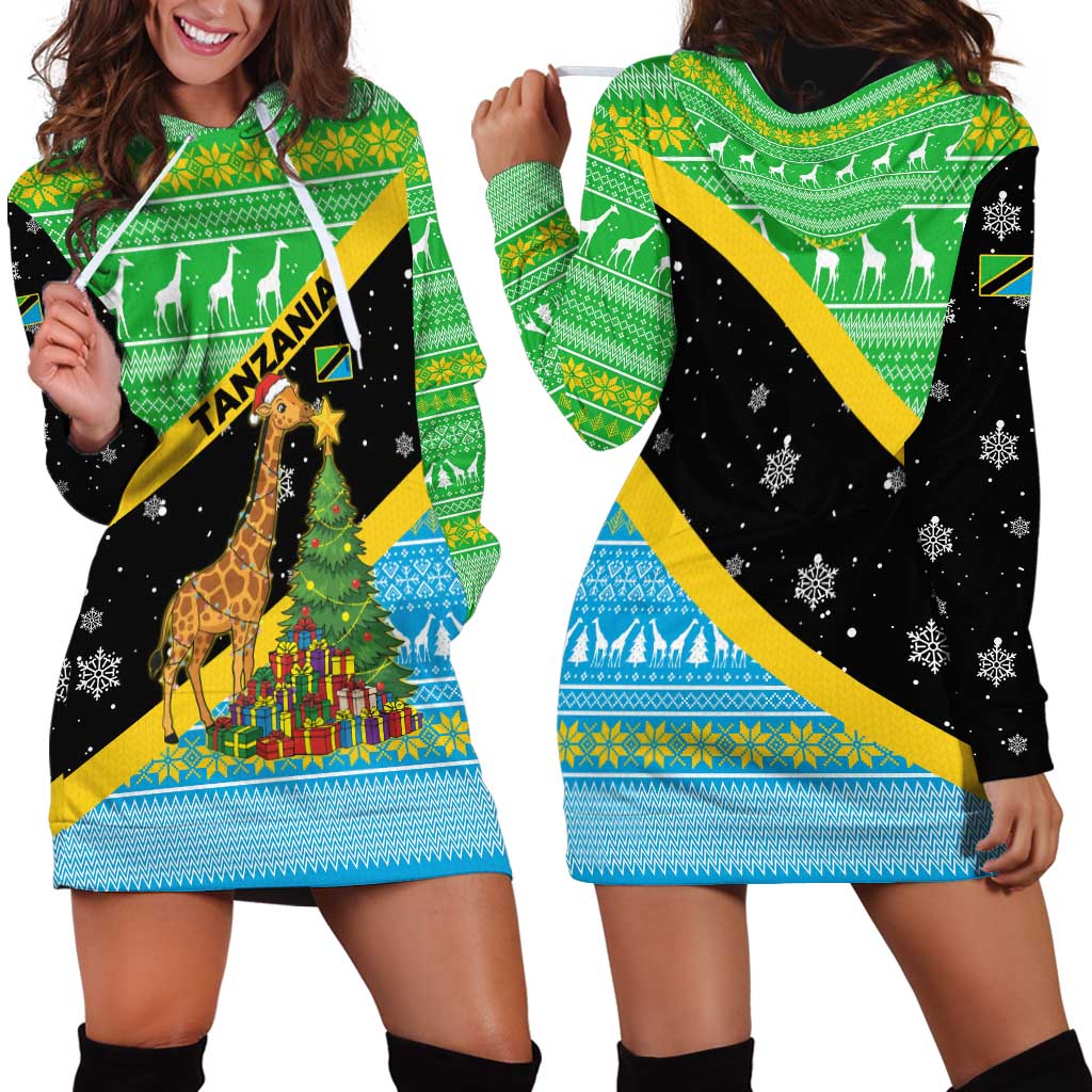 Tanzania Christmas Hoodie Dress with Giraffe Christmas Tree Snowflakes and Flag - Wonder Print Shop