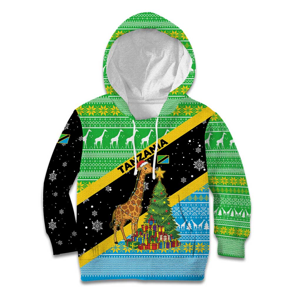 Tanzania Christmas Kid Hoodie with Giraffe Christmas Tree Snowflakes and Flag - Wonder Print Shop