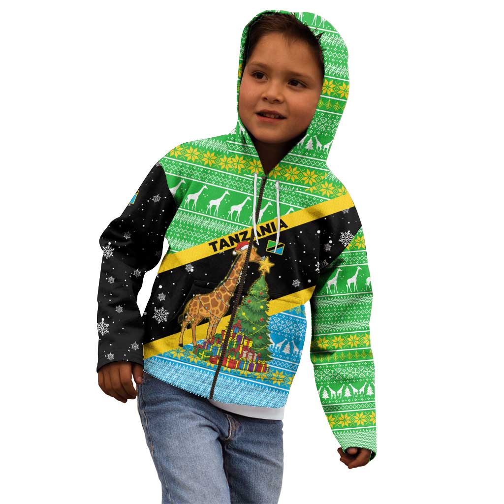 Tanzania Christmas Kid Hoodie with Giraffe Christmas Tree Snowflakes and Flag - Wonder Print Shop
