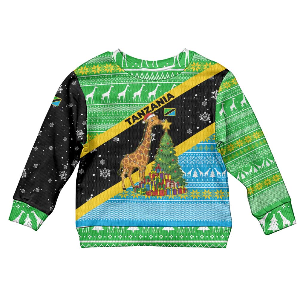 Tanzania Christmas Kid Ugly Christmas Sweater with Giraffe Christmas Tree Snowflakes and Flag - Wonder Print Shop