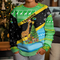Tanzania Christmas Kid Ugly Christmas Sweater with Giraffe Christmas Tree Snowflakes and Flag - Wonder Print Shop