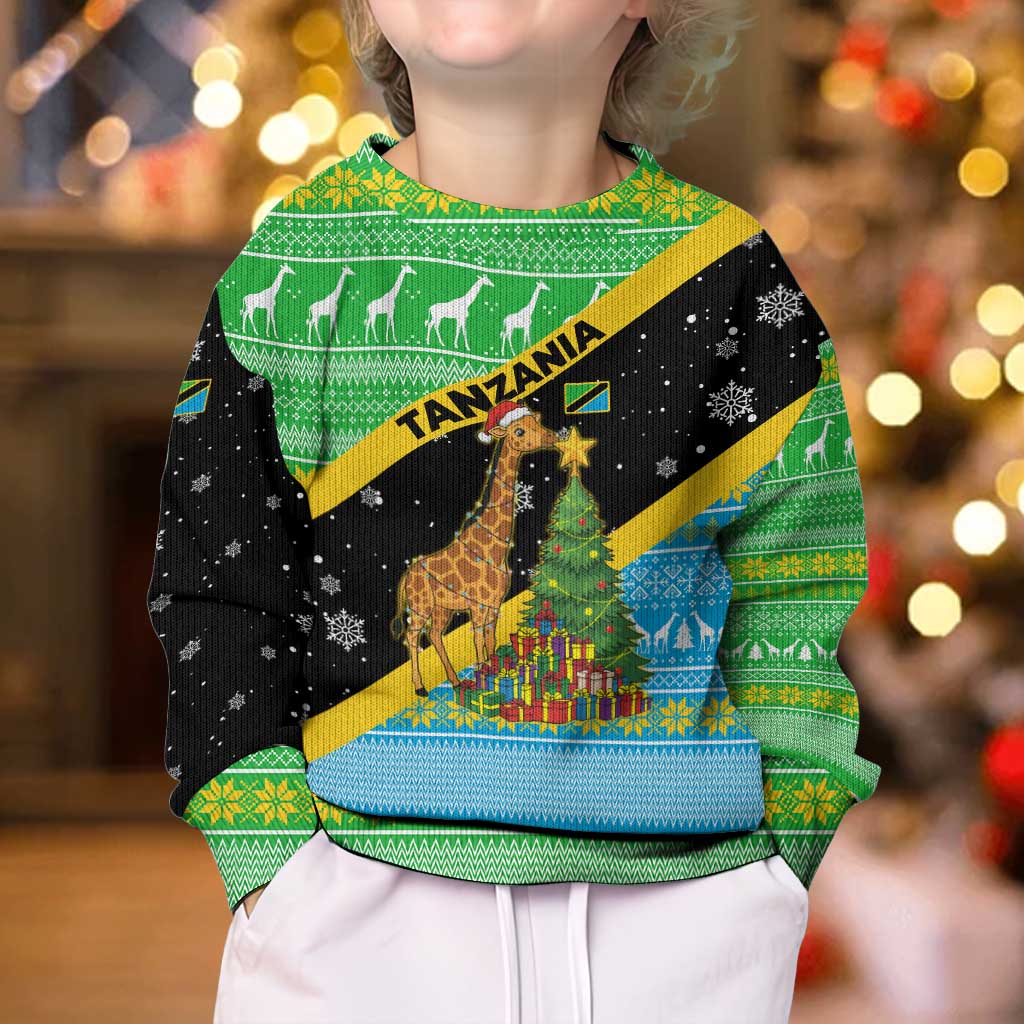 Tanzania Christmas Kid Ugly Christmas Sweater with Giraffe Christmas Tree Snowflakes and Flag - Wonder Print Shop