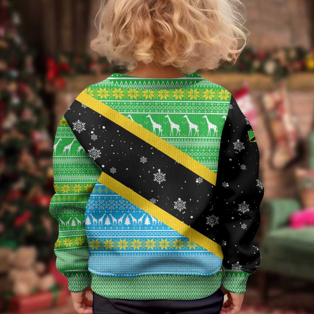 Tanzania Christmas Kid Ugly Christmas Sweater with Giraffe Christmas Tree Snowflakes and Flag - Wonder Print Shop