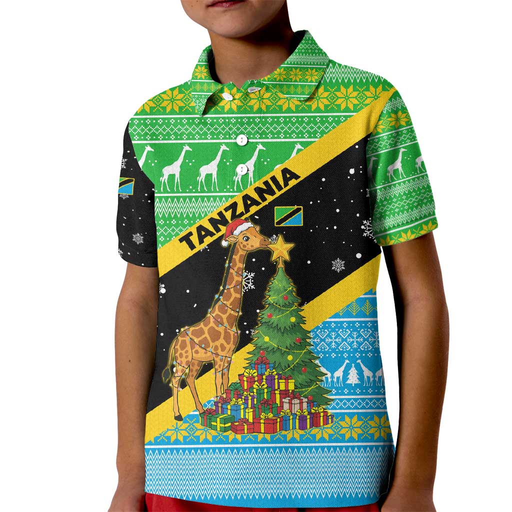 Tanzania Christmas Kid Polo Shirt with Giraffe Christmas Tree Snowflakes and Flag - Wonder Print Shop