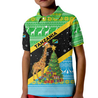 Tanzania Christmas Kid Polo Shirt with Giraffe Christmas Tree Snowflakes and Flag - Wonder Print Shop