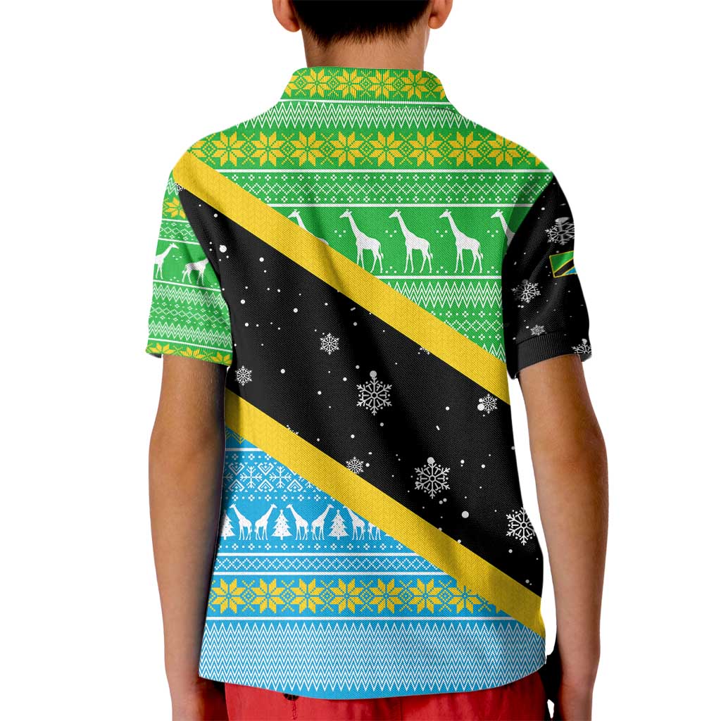 Tanzania Christmas Kid Polo Shirt with Giraffe Christmas Tree Snowflakes and Flag - Wonder Print Shop
