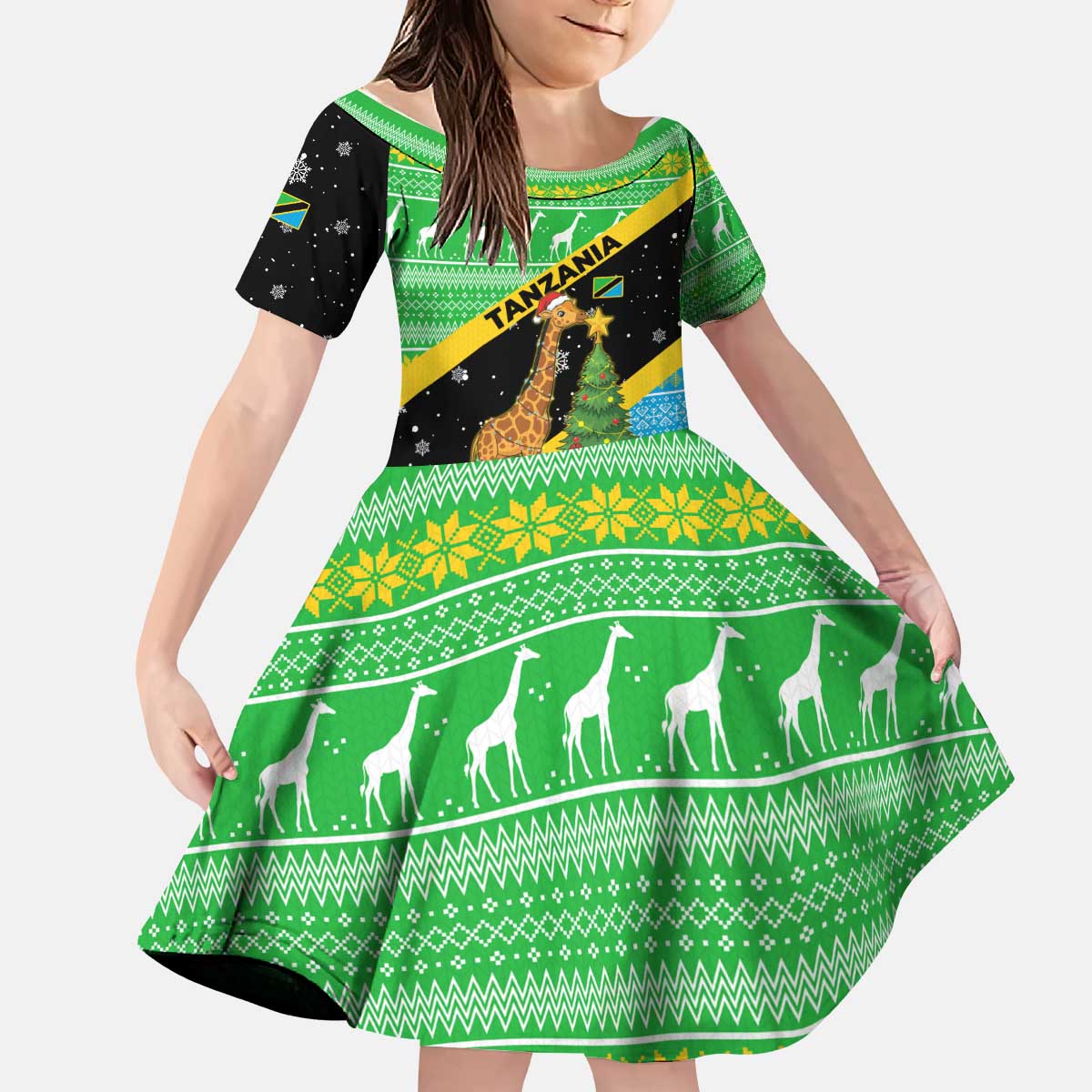 Tanzania Christmas Kid Short Sleeve Dress with Giraffe Christmas Tree Snowflakes and Flag - Wonder Print Shop