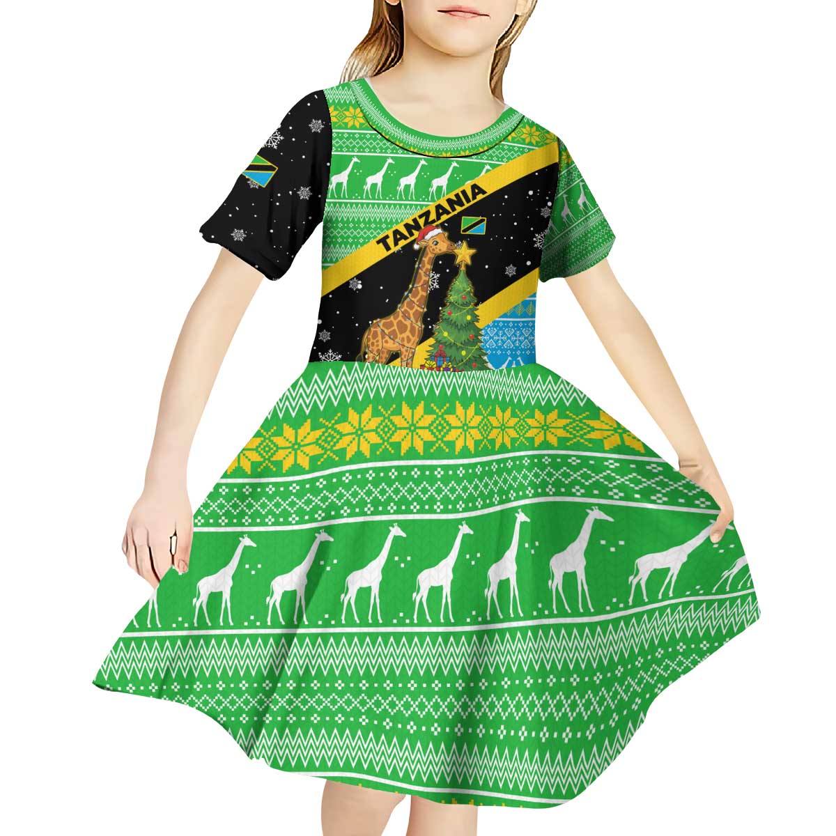 Tanzania Christmas Kid Short Sleeve Dress with Giraffe Christmas Tree Snowflakes and Flag - Wonder Print Shop